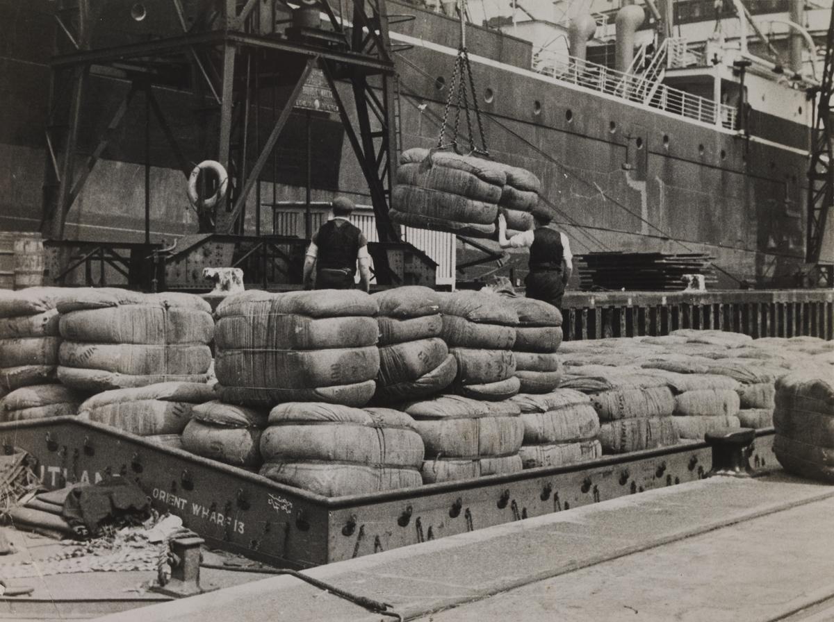 Discharging wool bales, King George V Dock, c.1925-1935 | London Museum